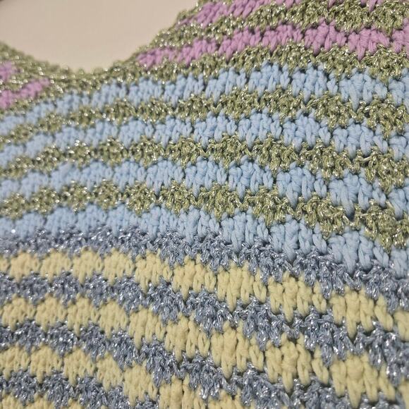 Rose Carmine Crochet Metallic Striped Tank Top Size 1 S M Pastel Handmade Knit - Picture 4 of 8